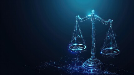 photograph of Futuristic justice, law judgement concept with glowing low polygonal balance scales isolated on dark blue background. Modern wire frame mesh design illustration. wide angle lens