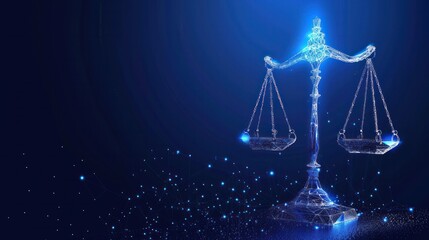 photograph of Futuristic justice, law judgement concept with glowing low polygonal balance scales isolated on dark blue background. Modern wire frame mesh design illustration. wide angle lens