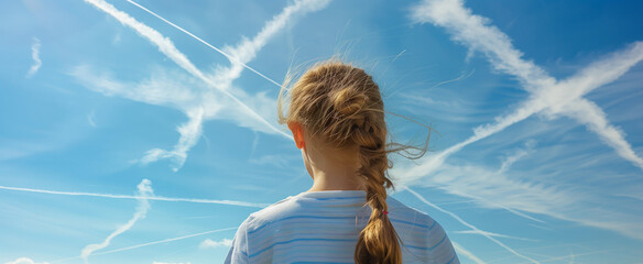 Person looking at the sky full of Chemtrails contrails