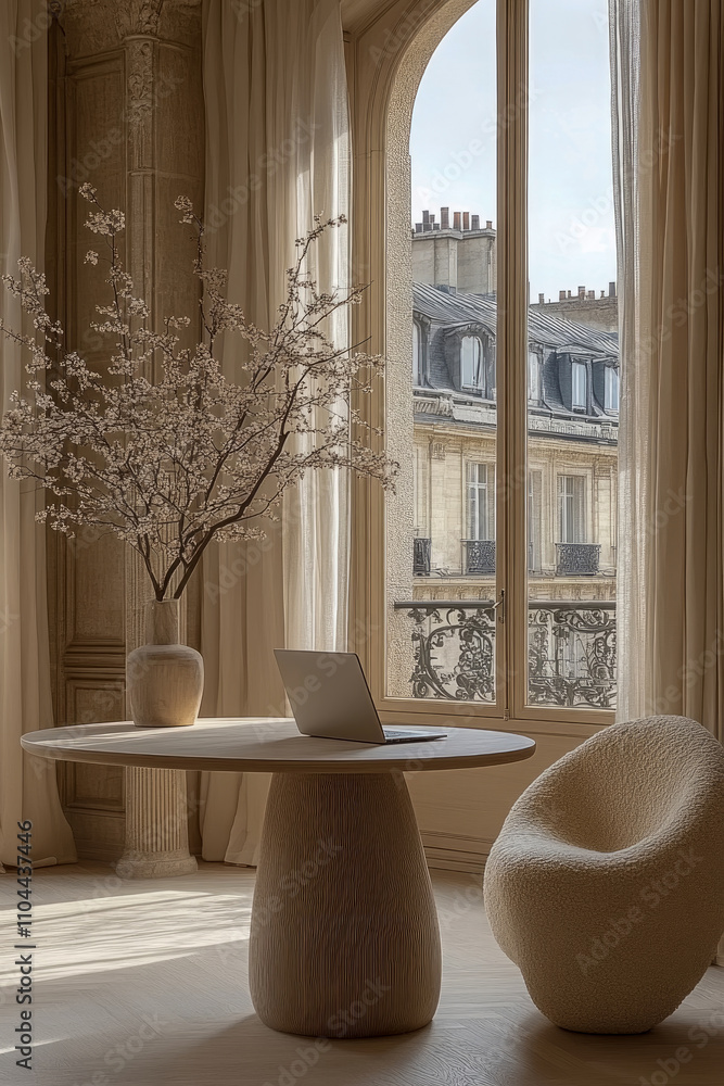 Poster bright and inviting workspace showcases a stylish table and chair, complemented by delicate flowers,