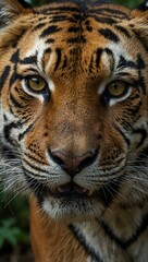 Close-up of tiger’s intense face in jungle.