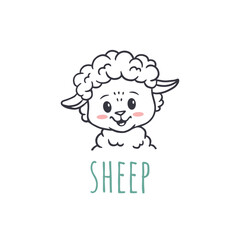 Cute cartoon sheep isolated on white. Funny sheep cub in doodle style. Sheep face for cards, magazins, banners, coloring page. Vector Illustration.