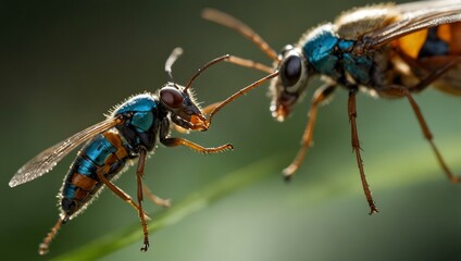 Fototapeta premium Close-up of two insects fighting for territory.