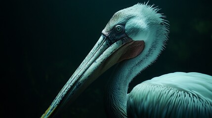 A vibrant close-up of a pink-backed pelican against a dark backdrop showcases the bird's striking features. Part of a breeding program