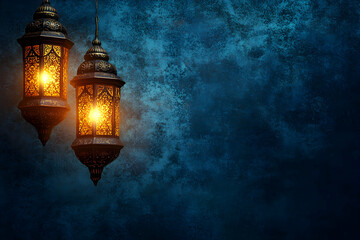 Arabic lanterns Light Lamp with dark blue grungy backdrop. Islamic Ramadan Kareem, iftar festival or Eid Mubarak banner background