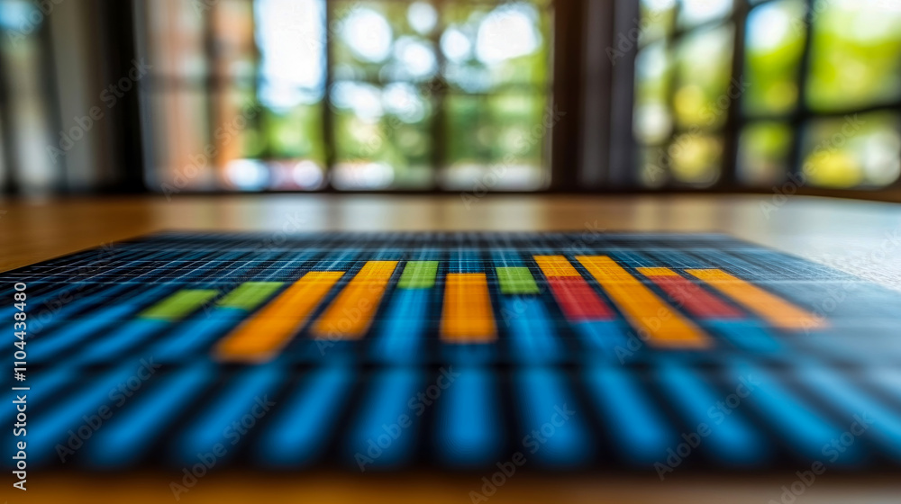 Poster a vibrant graph representing sound waves is set on a wooden table in a bright room with large window