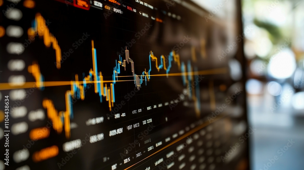 Poster a monitor shows financial data with colorful graphs representing market trends in an office setting 