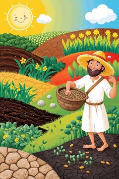 Jesus' parable of sower drawing Farmer sowing seeds in a colorful landscape.
