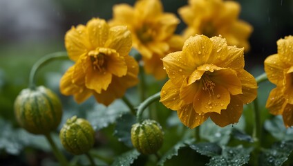 Close-up of yellow pumpkin flowers blooming after rain.