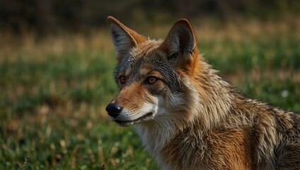 Fototapeta premium Close-up portrait of a coyote relishing serenity in the grass.