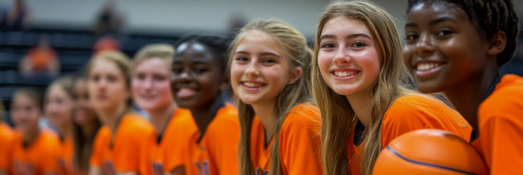 A group of young female athletes in bright orange uniforms beams with joy, posing with basketballs after a successful game in a gym