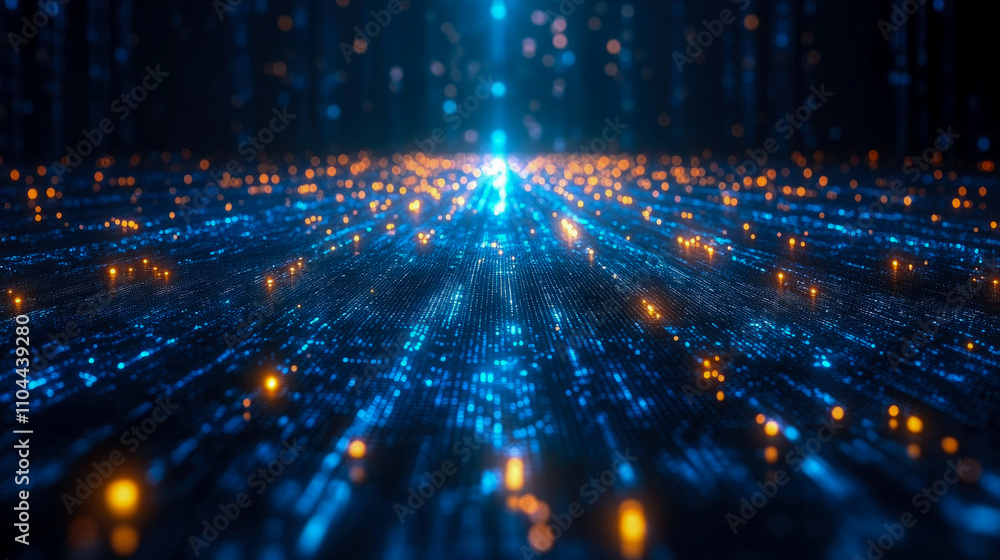 Poster bright particles and glowing lines stretch across a dark digital landscape, creating a mesmerizing v