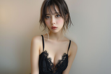 Fototapeta premium ショートヘアと黒い下着姿の美人 ボディケア
