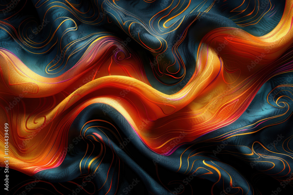 Poster an abstract image reminiscent of textiles or fabric with waves in fiery and dark blue tones, creatin