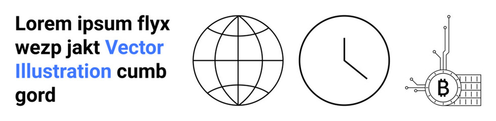 Globe, analog clock, and Bitcoin blockchain icons accompany text. Ideal for technology, finance, global markets, time management, cryptocurrency, educational materials, presentations. Landing page