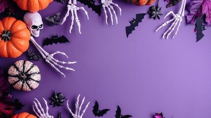 photograph of Halloween background with pumpkins, bats and skeleton hands on purple color paper. Flat lay, top view, copy space. wide angle lens