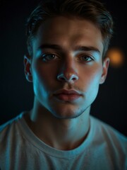 Close-up portrait of a young man with neon light reflections.