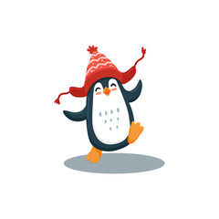 Cute cartoon penguin isolated on white. Flat illustration of penguin in clothes for kids or babies t-shirt design, room decoration, Christmas cards. Funny penguin in hat. 