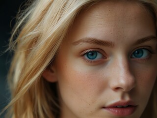 Obraz premium Close-up portrait of a young woman with blonde hair and blue eyes.
