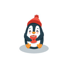 Cute cartoon penguin isolated on white. Flat illustration of penguin in hat for kids or babies t-shirt design, room decoration, Christmas cards. Funny penguin with cup. 