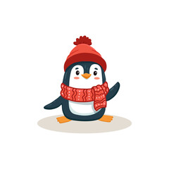 Cute cartoon penguin isolated on white. Flat illustration of penguin in hat for kids or babies t-shirt design, room decoration, Christmas cards. Funny penguin with hat and scarf.