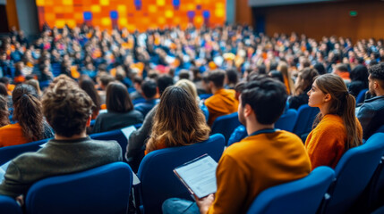 A large audience of students listens attentively to a speaker at a university auditorium filled with colorful decor during an academic conference
