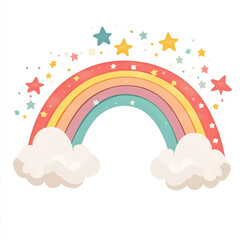 Cute rainbow with clouds and stars illustration on a white background. 