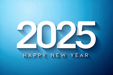 Happy New Year 2025 greeting card design with white numbers on a blue background.