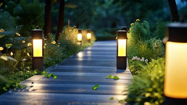 Tranquil night walkway illuminated by pathway lanterns in serene garden