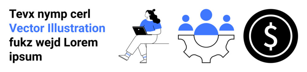 Person sitting with laptop, team in gear symbol, and dollar sign. Ideal for teamwork, collaboration, business, technology, productivity, financial growth, and innovation. Landing page