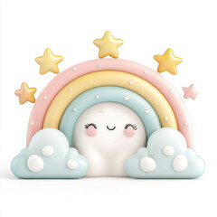 Cute rainbow with clouds and stars illustration on a white background. 