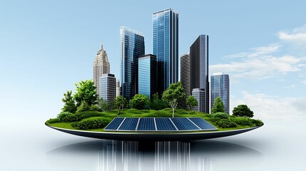 Fototapeta premium Eco cityscape eco friendly concept, A futuristic cityscape featuring skyscrapers surrounded by greenery and solar panels, symbolizing a sustainable urban environment.