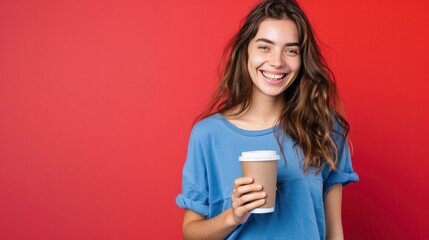 Naklejka premium photograph of Happy young woman in blue tshirt holding coffee cup isolated on red background wide angle lens