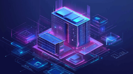 Futuristic infrastructure of a smart night city. Residential urban buildings for isometric innovation flat design. Smart city vector illustration of town with digital communication technology.
