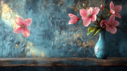 A serene arrangement of pink flowers in a turquoise vase against a textured blue background.