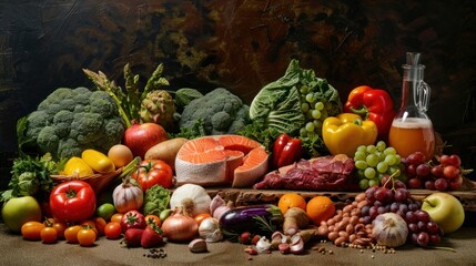 photograph of Healthy food concept. Diet food concept with fresh vegetables, fruits, fish, beef, etc. Healthy food ingredients. Healthy eating. Healthy nutrition.