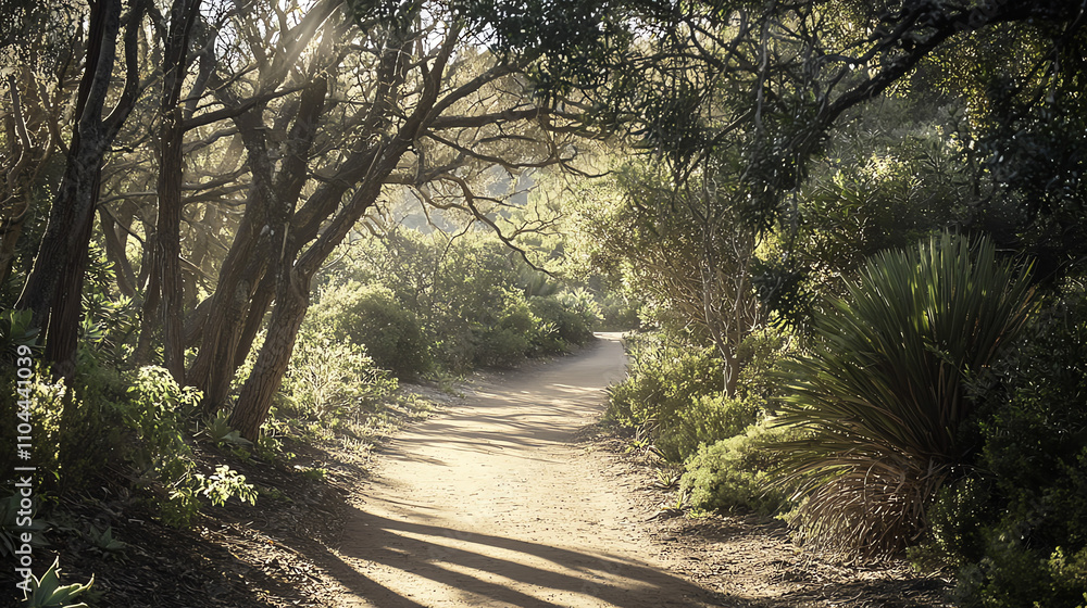 Poster serene forest path illuminated by sunlight filters through lush greenery on a tranquil day