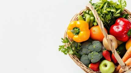 photograph of Healthy food. Vegetables and fruits background. Set of different fruits and vegetables on white background. Wicker basket with fresh colorful fruits