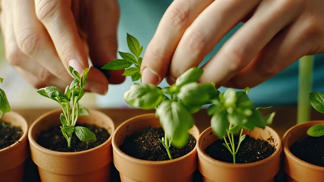 Delicate plant care and growth: hands tend young seedlings in pots