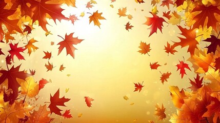 Autumn background with maple tree leaves in vibrant fall colors. Sunlit autumn leaves falling from trees. Foliage and leaves backdrop. 