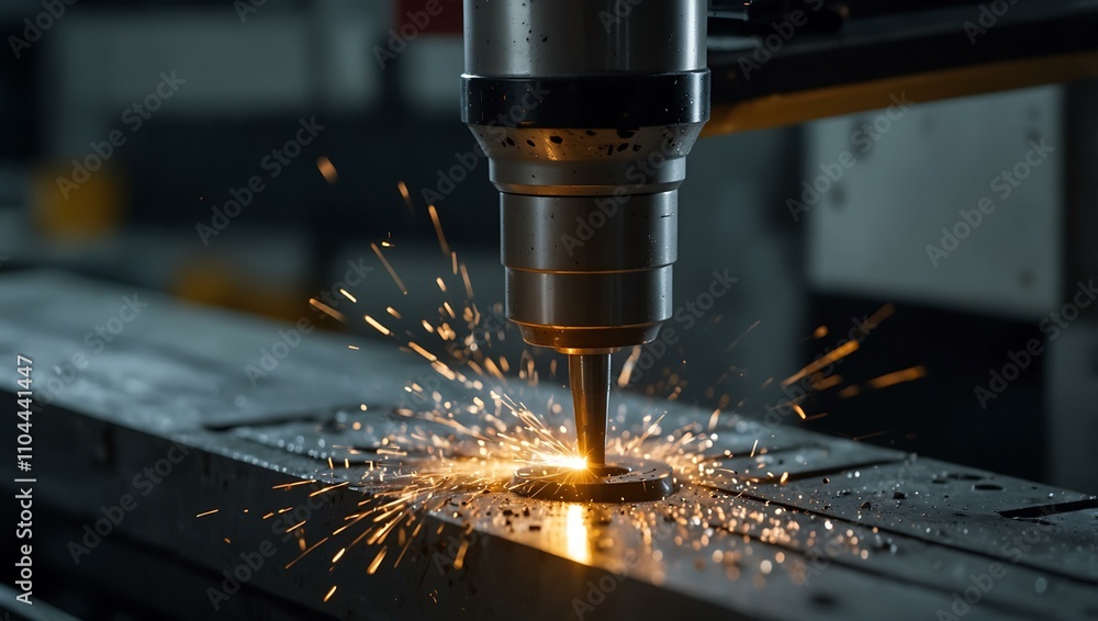 Poster cnc milling machine close-up with sparks in action.