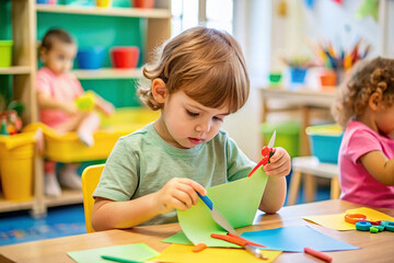 Toddler boy cutting paper during arts and crafts class in preschool.