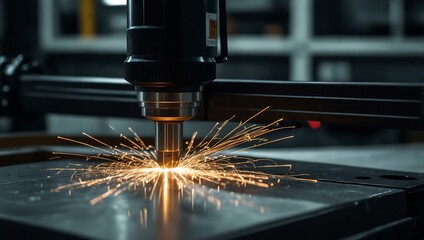 CNC laser cutting metal in an industrial setting.