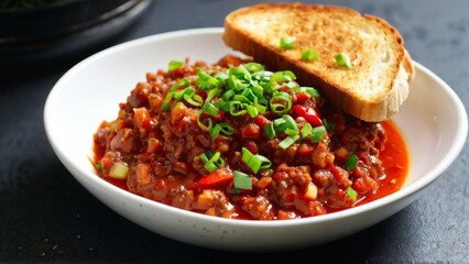 Chili con carne with finely chopped green onions, toasted wholemeal toast with a golden brown surface.