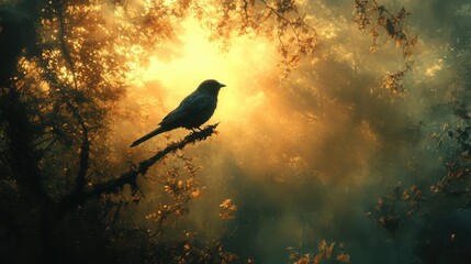 Fototapeta premium A silhouetted bird perched on a branch against a glowing, misty backdrop creates a serene atmosphere, Ideal for nature-themed projects, wallpapers, or meditation materials,