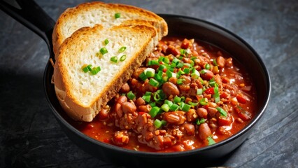 Chili con carne with finely chopped green onions, toasted wholemeal toast with a golden brown surface.