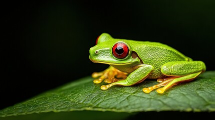 Naklejka premium A green frog perches atop a leaf, bearing a red-eyed frog on its back legs