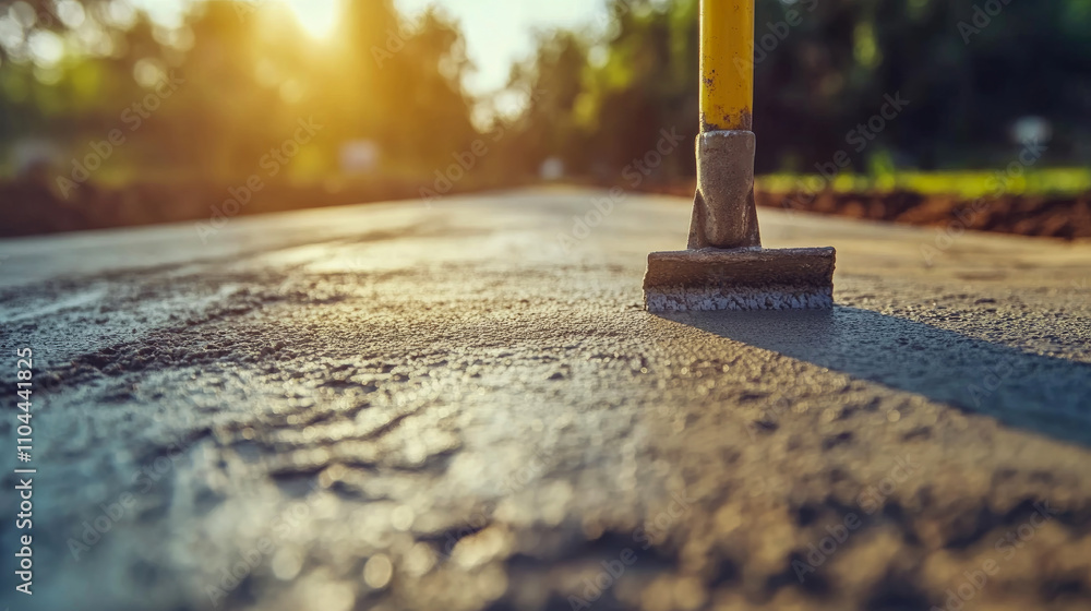 Poster a construction worker uses a screed tool to level a fresh layer of concrete on a pathway as the sun 