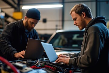 Two mechanics work on car in garage. Use laptops to diagnose issue. Tools, wires visible on table. Car repair, tech support, car service, diagnostic, mechanic, workshop, pro, car industry, garage,
