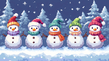 Set of pixel art cheerful snowman character on a winter background with snowflakes and snow. A cheerful banner for the celebration of merry christmas and happy new years holidays vector illustration.